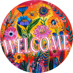 Floral Welcome Wreath Sign, Colorful Welcome Wreath Sign, Aluminum Wreath Sign, Metal Sign, Colorful Floral Welcome Sign, Retro Wreath Sign