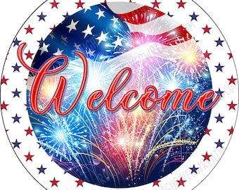 Patriotic Wreath Sign, Welcome Sign, America Sign, Sign With Fireworks, Patriotic Sign, Metal Wreath Sign, Aluminum Sign, Fourth of July