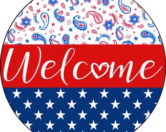 Patriotic Wreath Sign, Welcome Sign, America Sign, Sign With Paisley, Patriotic Sign, Metal Wreath Sign, Aluminum Sign, Fourth of July