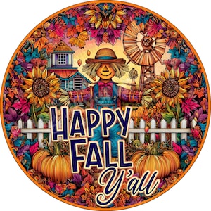 Lindo cartel de corona de espantapájaros y girasoles, cartel de "Feliz otoño", cartel de aluminio para hacer coronas, cartel colorido de otoño