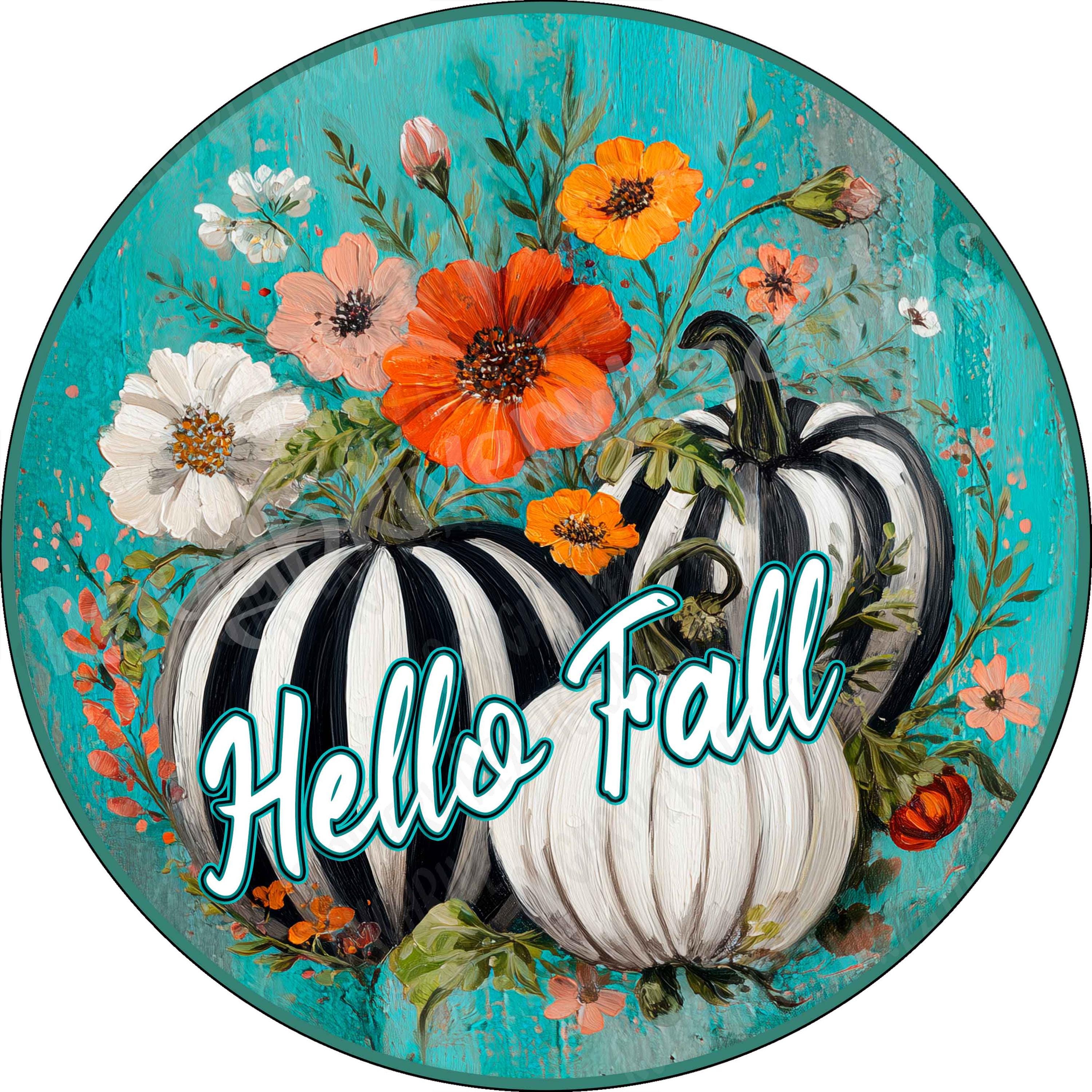 Black and White Stripe Pumpkin with Flowers Wreath Sign, Fall Sign, Pumpkin Wreath Sign, Aluminum Sign for Wreath, Thanksgiving Wreath Sign