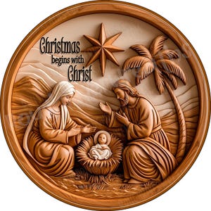 May include: A circular wooden wall plaque featuring a carved nativity scene with a central infant in a manger, two figures kneeling on either side, a palm tree, and a star above. The text "Christmas begins with Christ" is engraved in black.
