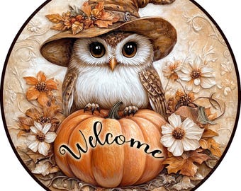 Cute Owl Wreath Sign, Owl and Pumpkin Wreath Sign, Owl Sign, Wreath Sign, Aluminum Sign for Wreaths, Colorful Fall Wreath Sign