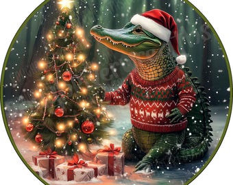 Christmas Alligator Wreath Sign, Alligator Wearing a Christmas Sweater Wreath Sign, Bayou Alligator Sign, Aluminum Sign for Wreath Making