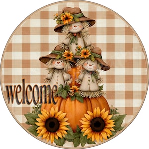 Cute Scarecrows Wreath Sign, Scarecrow Wreath Sign, Pumpkin and Sunflower Sign, Aluminum Sign for Wreaths, Colorful Fall Wreath Sign
