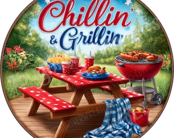 Chillin' & Grillin' BBQ Aluminum Sign, Red White Blue,  Flat - Lightweight - No Holes