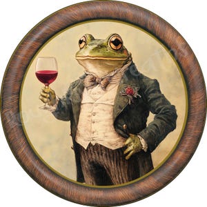 May include: A green frog wearing a tuxedo and bow tie holds a glass of red wine. The frog is depicted in a vintage style illustration and is framed in a brown oval frame.