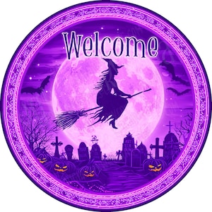 Cartel de corona de bruja volando en escoba frente a luna llena, cartel de corona de Halloween, cartel de otoño, cartel de aluminio para hacer coronas