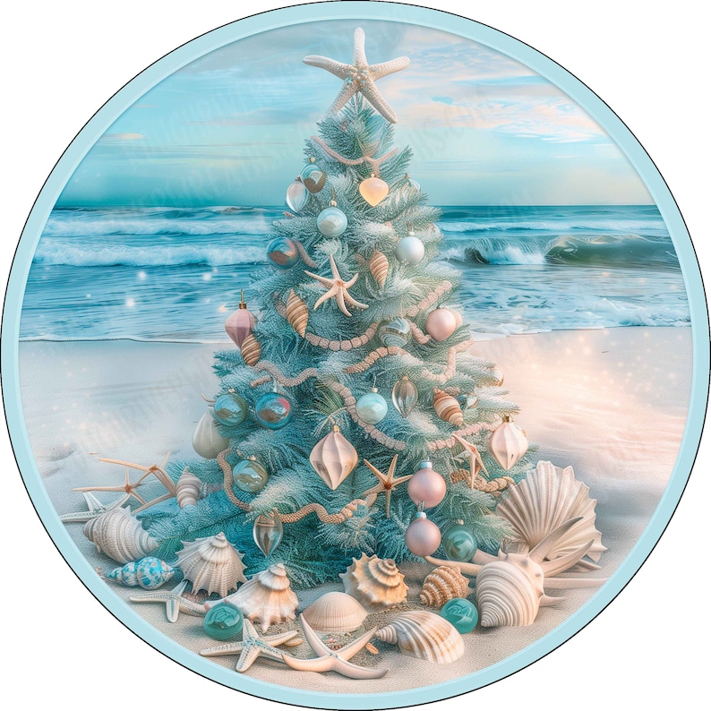 May include: A circular image featuring a light blue Christmas tree decorated with various seashells, starfish, and pastel-colored ornaments. The tree is positioned on a sandy beach with ocean waves in the background and scattered seashells.
