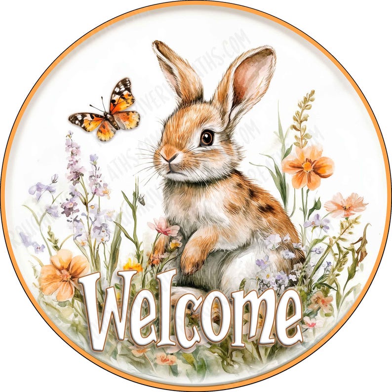 Cute Rabbit Wreath Sign, Rabbit Flowers Butterfly Sign, Easter Sign ...