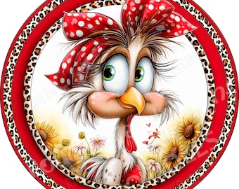 Silly Chicken with a bow and Sunflowers Aluminum Wreath Sign, Farmhouse, Wreath Making