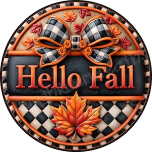 Hello Fall Harlequin Check Stripe Aluminum Wreath Sign, Flat - Lightweight-No Holes-Primary use is attaching to wreath