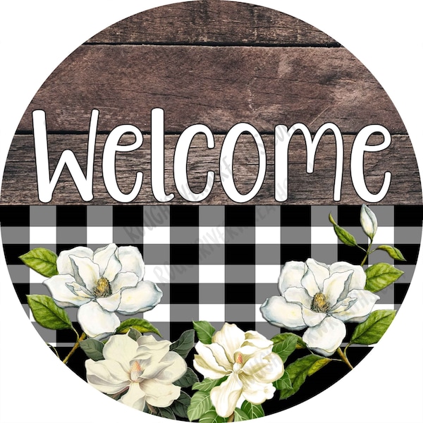 Magnolia Wreath Sign, Farmhouse Magnolia Wreath Sign, Aluminum Wreath Sign, Metal Sign, Buffalo Plaid Wreath Sign, Magnolia Welcome Sign