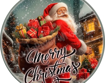 Santa Wreath Sign, Santa with Santa Bag of Gifts Sign, Santa Wreath Sign, Traditional Santa Wreath Sign, Aluminum Sign for Wreath
