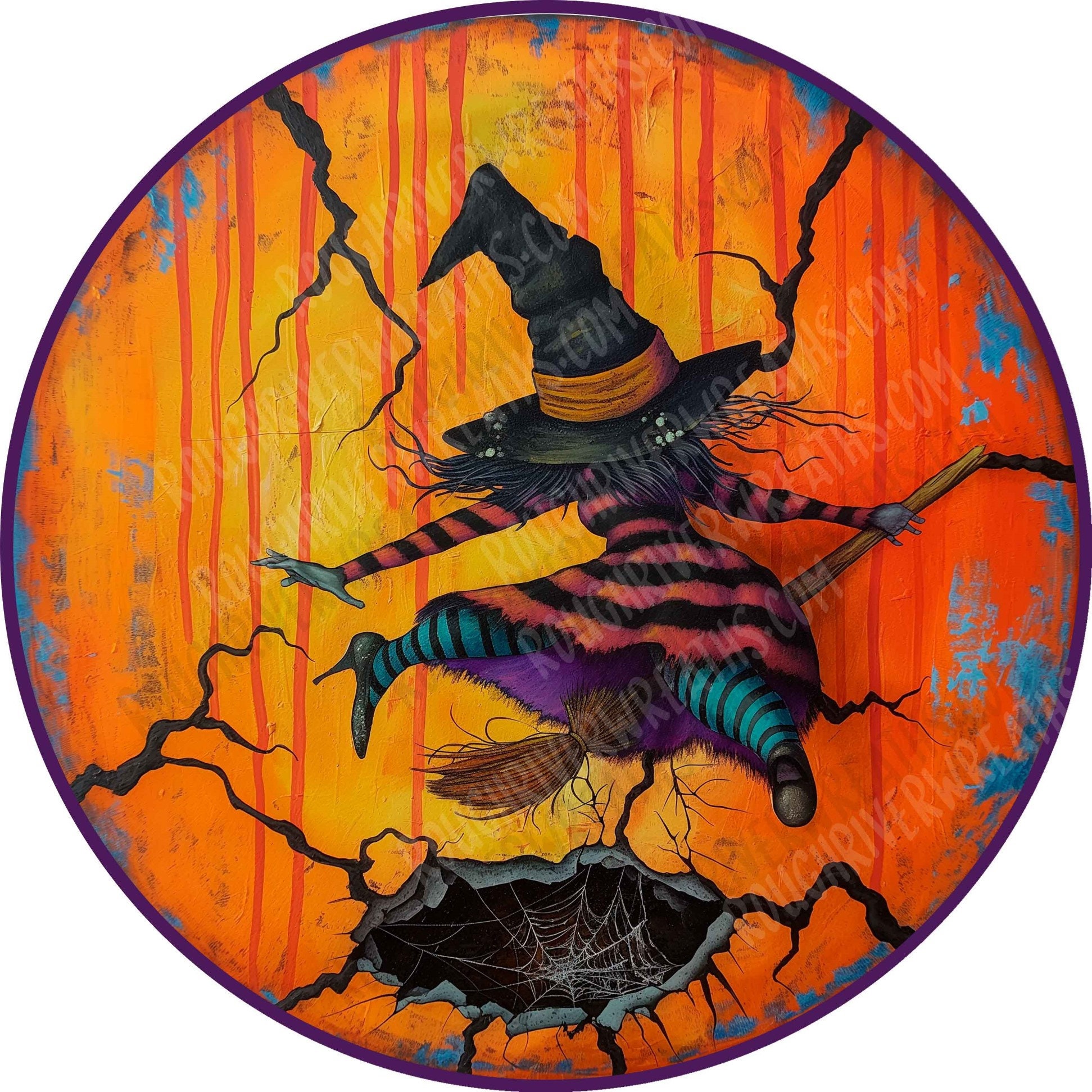 Witch Crashing Into Wall Wreath Sign, Halloween Sign, Aluminum
