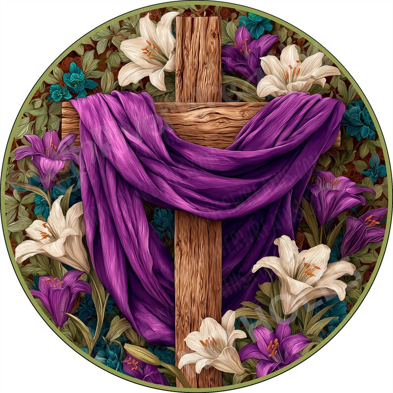 Wooden Cross Purple Silk Draped Aluminum Wreath Sign, Easter Blessings ...