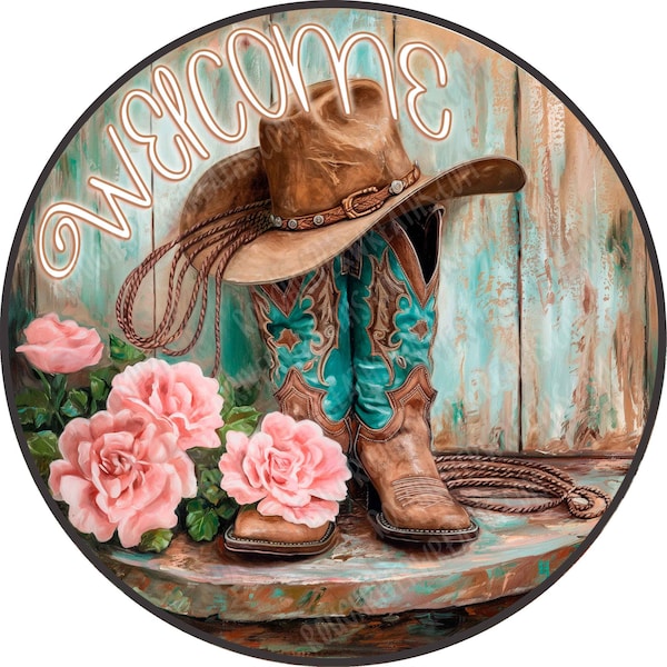 Cowgirl Welcome Sign, Western Wreath Sign, Cowgirl Boots Sign, Cowboy Hat and Boots Sign, Rustic Boots Wreath Sign, Western Wreath Sign