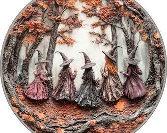 May include: A circular wall art piece depicting five figures wearing pointed hats and long dresses standing in a forest with dark, textured tree trunks and orange autumn leaves on the ground. The scene features a bright, misty light in the background.