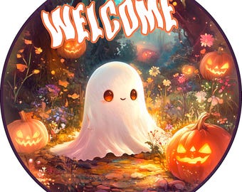 Ghost with Pumpkins Halloween Wreath Sign, Halloween Sign, Ghost Wreath Sign, Aluminum Sign for Wreath Making, Cute Ghost Sign