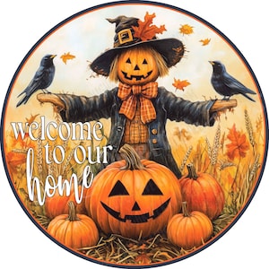Cute Scarecrow Wreath Sign, Fall Sign, Scarecrow & Crows Sign, Wreath Sign, Aluminum Sign for Wreath Making, Colorful Fall Wreath Sign