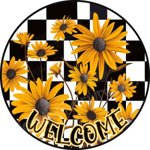 Yellow Flower Wreath Sign, Black and White Check Wreath Sign, Aluminum Sign for Wreath, Floral Welcome Sign, Whimsical Sign