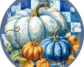Fall Blue Pumpkin Aluminum Sign, Flat-Lightweight-No Holes-wreath attachment