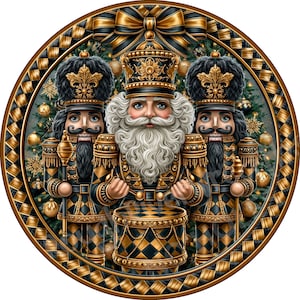 May include: A circular decorative sign featuring three nutcracker figures in black and gold uniforms. The central figure has a white beard and plays a drum, while the two flanking figures hold staffs. The background shows a Christmas tree.