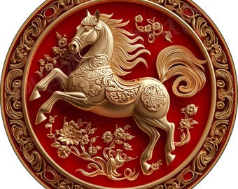 May include: A circular wall plaque featuring a raised gold-toned horse in a rearing pose, set against a deep red background. The horse is adorned with intricate saddle details and surrounded by sculpted gold floral motifs within a decorative border.