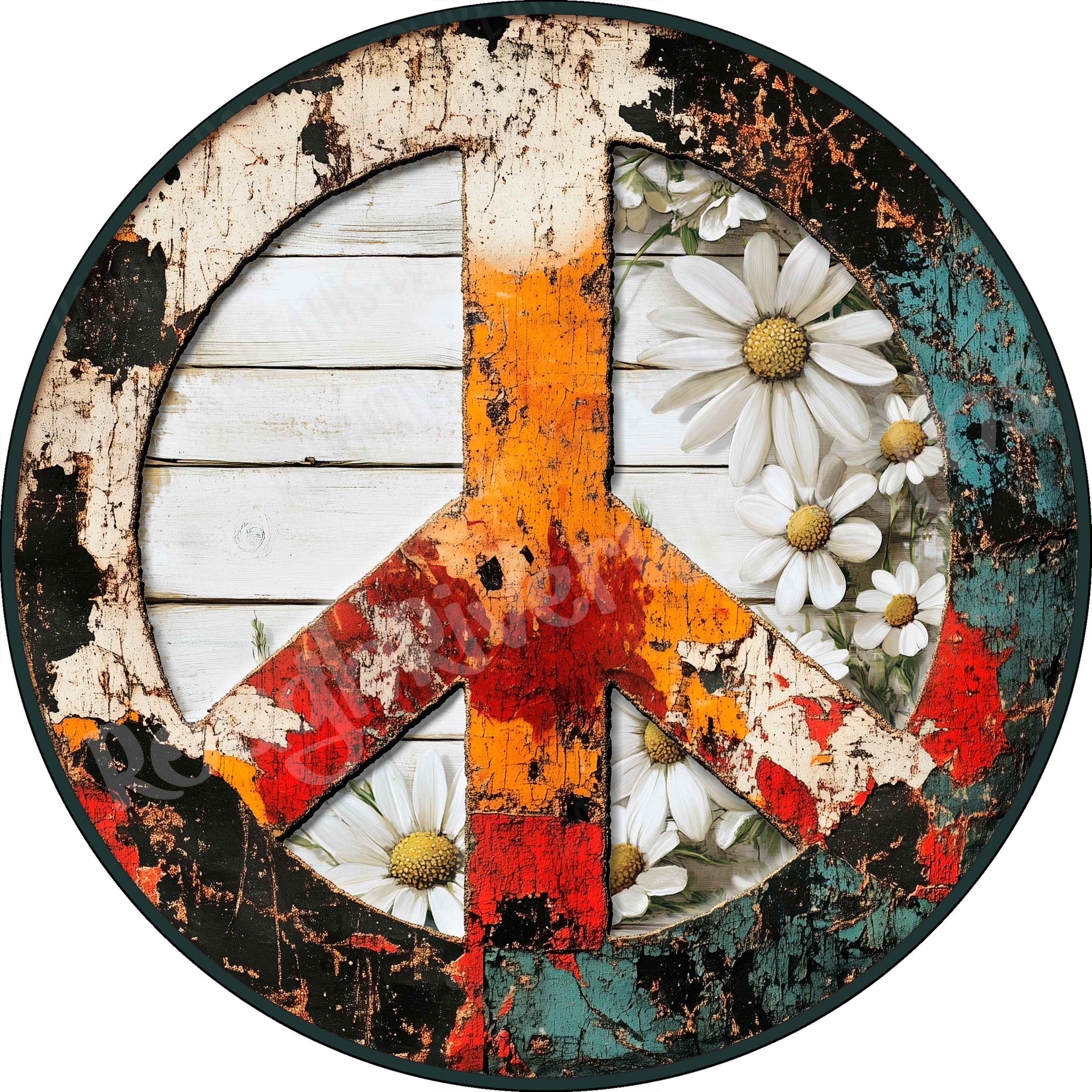 Rustic-look Peace Sign Aluminum Wreath Sign, With & Without