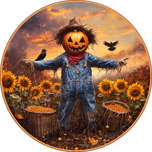 Pumpkin Face Scarecrow and Sunflowers Wreath Sign, Scarecrow & Crows Sign, Aluminum Sign for Wreath Making, Colorful Fall Sign