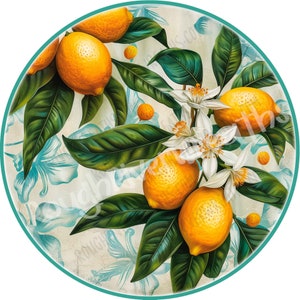 May include: A round, white plate with a teal border features a floral design with lemons and white blossoms. The background is a light blue and white floral pattern.