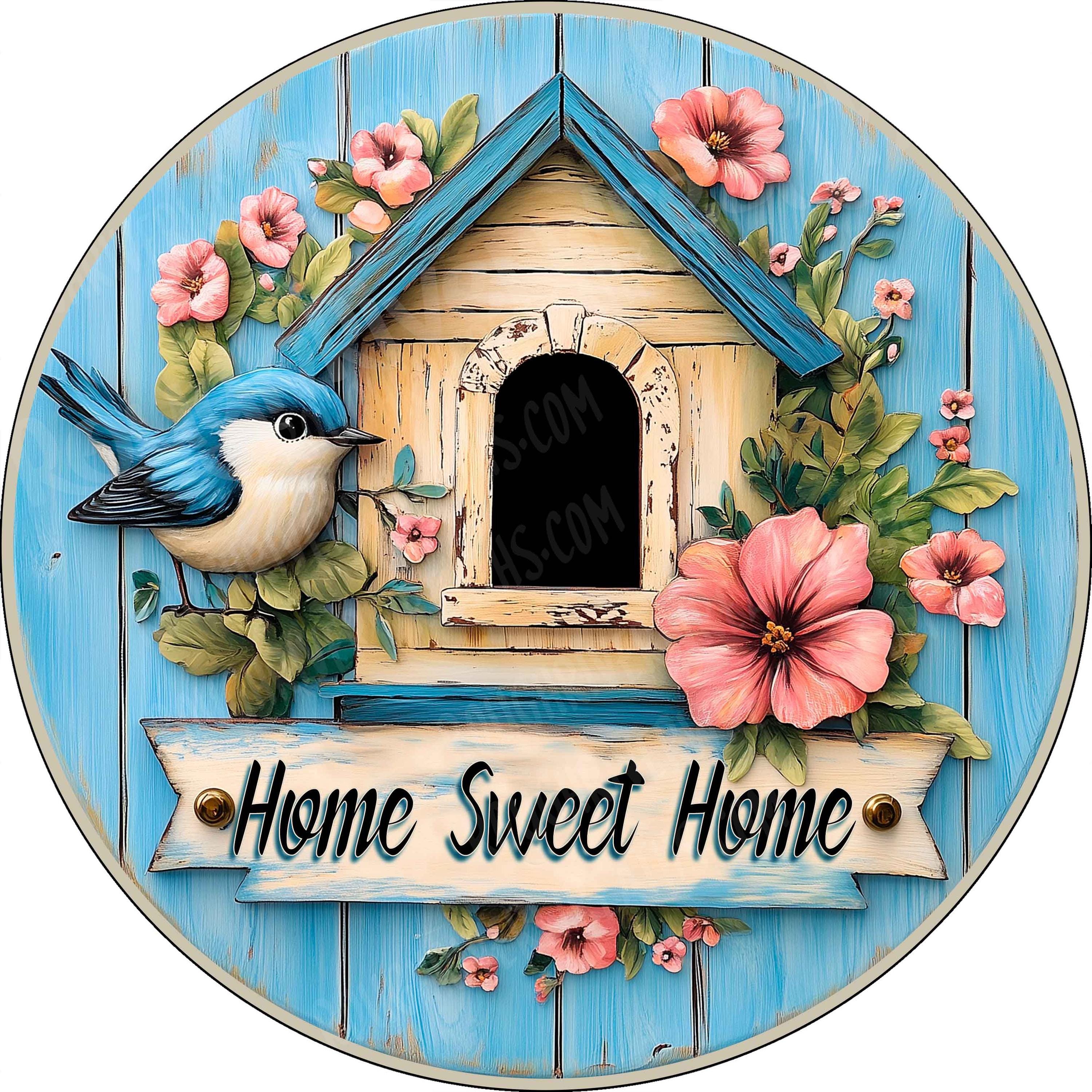 Blue Bird & Birdhouse Wreath Sign, Birdhouse Flowers Wreath Sign