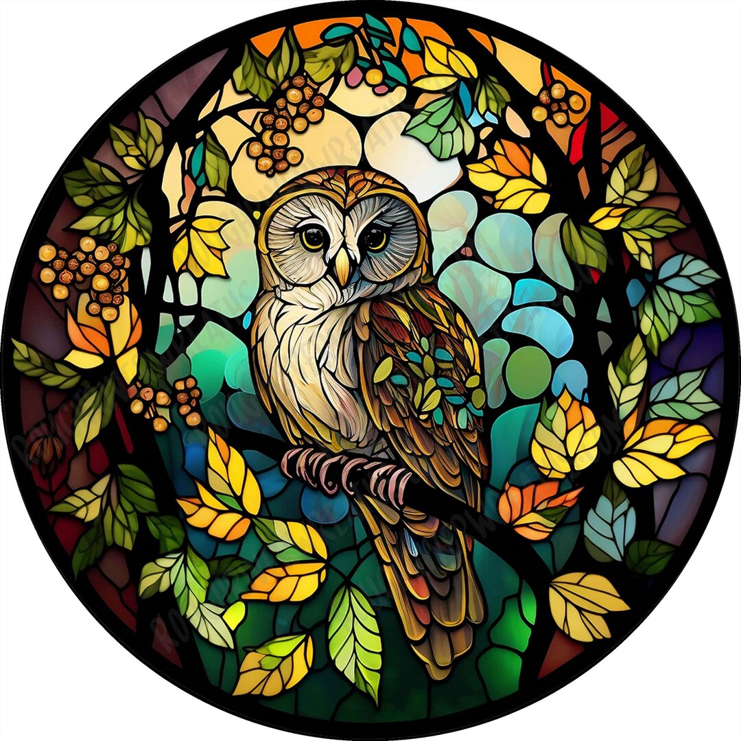 Owl Sign, Owl Sign, Faux Stained Glass Owl Wreath Sign, Cute