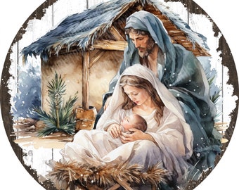 Nativity Wreath Sign, Manger Wreath Sign, Religious Christmas Wreath Sign, Mary Joseph Jesus Wreath Sign