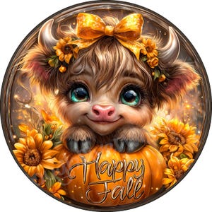 May include: A round image features a cartoon calf with large teal eyes, a yellow bow, and a floral crown. The calf is nestled on an orange pumpkin with the words "Happy Fall". Sunflowers surround the calf, creating a warm, autumnal theme.
