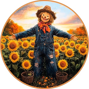 Cuet Scarecrow and Sunflowers Wreath Sign, Scarecrow & Crows Sign, Aluminum Sign for Wreath Making, Colorful Fall Sign