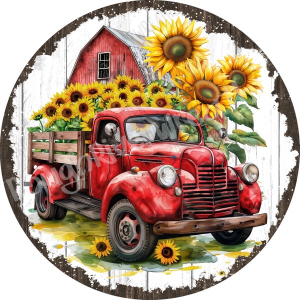 Red Truck Wreath Sign, Sunflower Farmhouse Sign, Barn Wreath Sign, Rustic Farm Sign, Rustic Truck Wreath Sign, Metal Sign