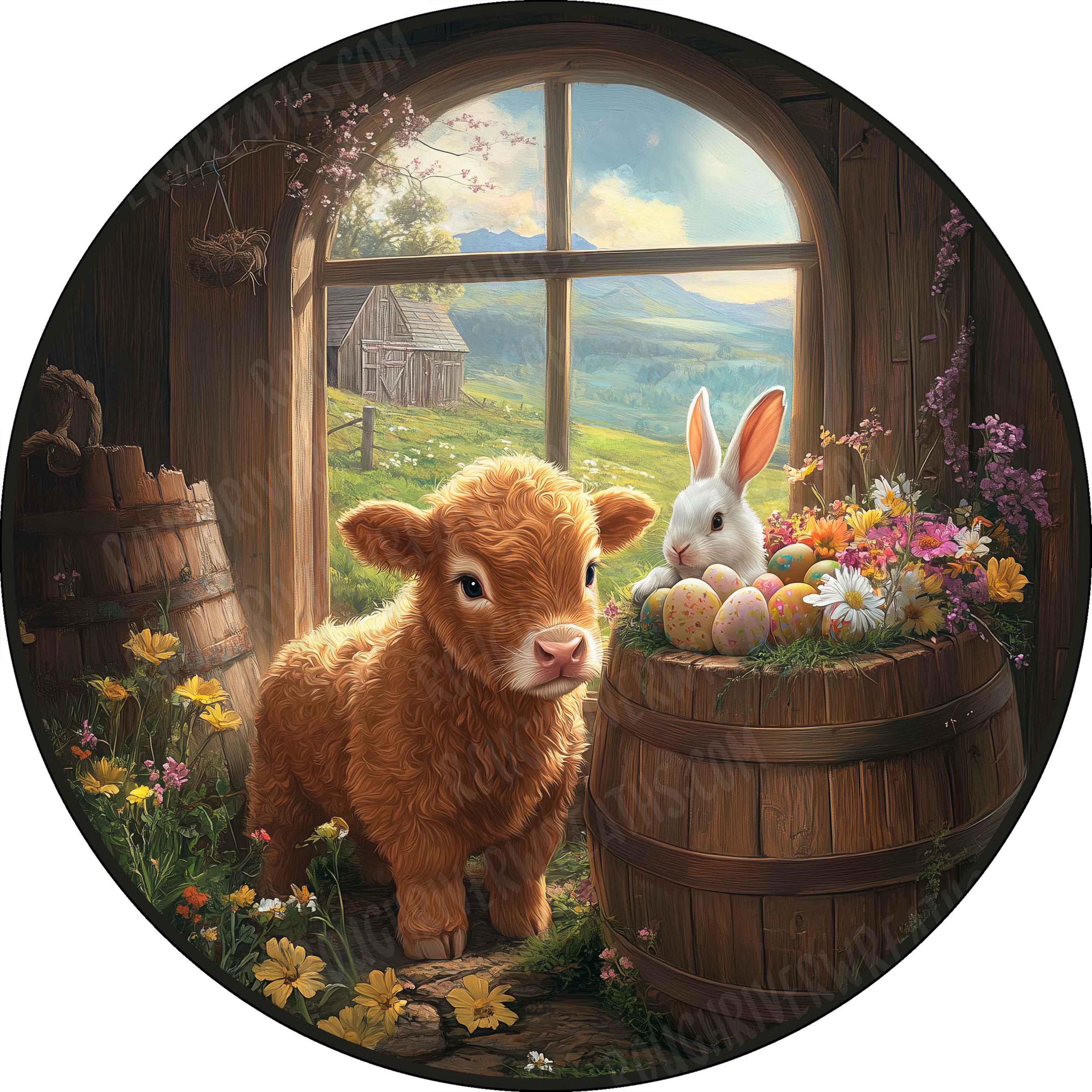 Cute Baby Highland Cow and Rabbit Wreath Sign, Easter Sign, Easter Egg ...