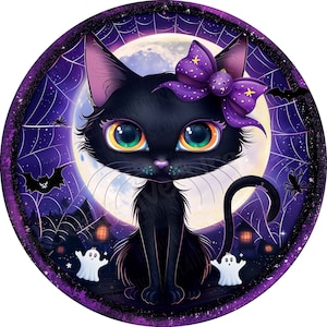 DIGITAL - Gato negro de dibujos animados lindo PNG - Archivo digital redondo - Letrero de corona de Halloween Gato negro imprimible - Gato Halloween digital