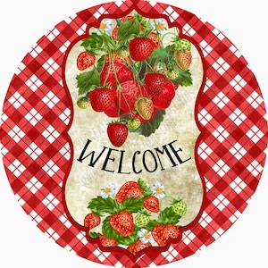 Strawberry Wreath Sign, Farmhouse Strawberry Wreath Sign, Strawberry Sign, Aluminum Wreath Sign, Metal Sign, Buffalo Plaid Strawberry Sign