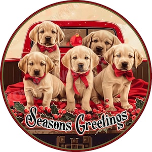 Golden Labradors in Red Truck Sign, Christmas Red Truck Sign, Dogs in Truck Wreath Sign, Holiday Sign for Wreath,  Aluminum Wreath Sign