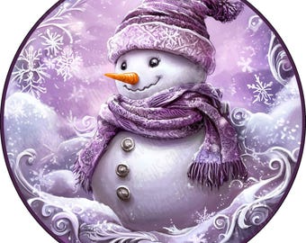May include: A circular illustration of a white snowman wearing a purple knit hat with a pom-pom and a matching purple scarf. The snowman has an orange carrot nose, three silver buttons on its torso, and is surrounded by purple snowflakes.