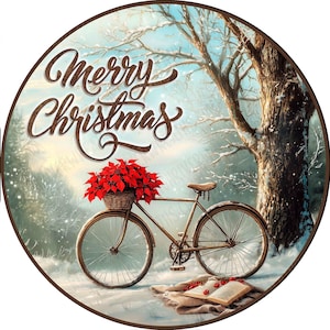 Bicycle Poinsettia Wreath Sign, Christmas Accent Sign, Holiday Sign, Winter Scene Sign, Aluminum Sign for Wreath Making