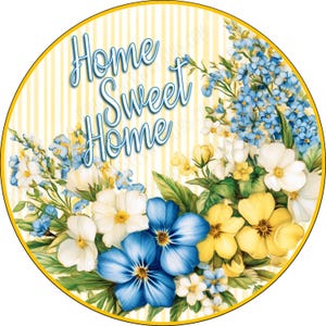 Letrero de bienvenida con corona floral, letrero de corona Home Sweet Home, letrero de bienvenida de color azul y amarillo, letrero de aluminio, elegante letrero de bienvenida con flores