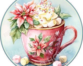 Hot Cocoa with Marshmallows Wreath Sign, Christmas, Holiday, Aluminum Sign for Wreath Making, Poinsettia