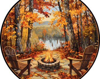 May include: A circular wall art print featuring two wooden Adirondack chairs facing a stone fire pit. The scene depicts an autumn forest with vibrant orange and yellow foliage, a calm lake in the background, and fallen leaves scattered on a stone patio.