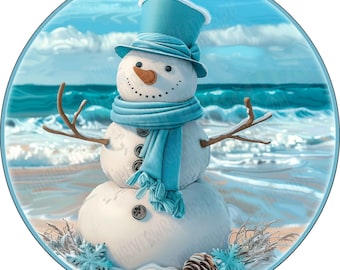 Beach Snowman Welcome Aluminum Sign, One Dimensional Flat - Lightweight-No Holes-Primary use is attaching to wreath