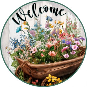 Flower Wheelbarrow Wreath Sign, Flower Welcome Wreath Sign, Flower Cart Sign, Aluminum Wreath Sign, Colorful Floral Welcome Sign