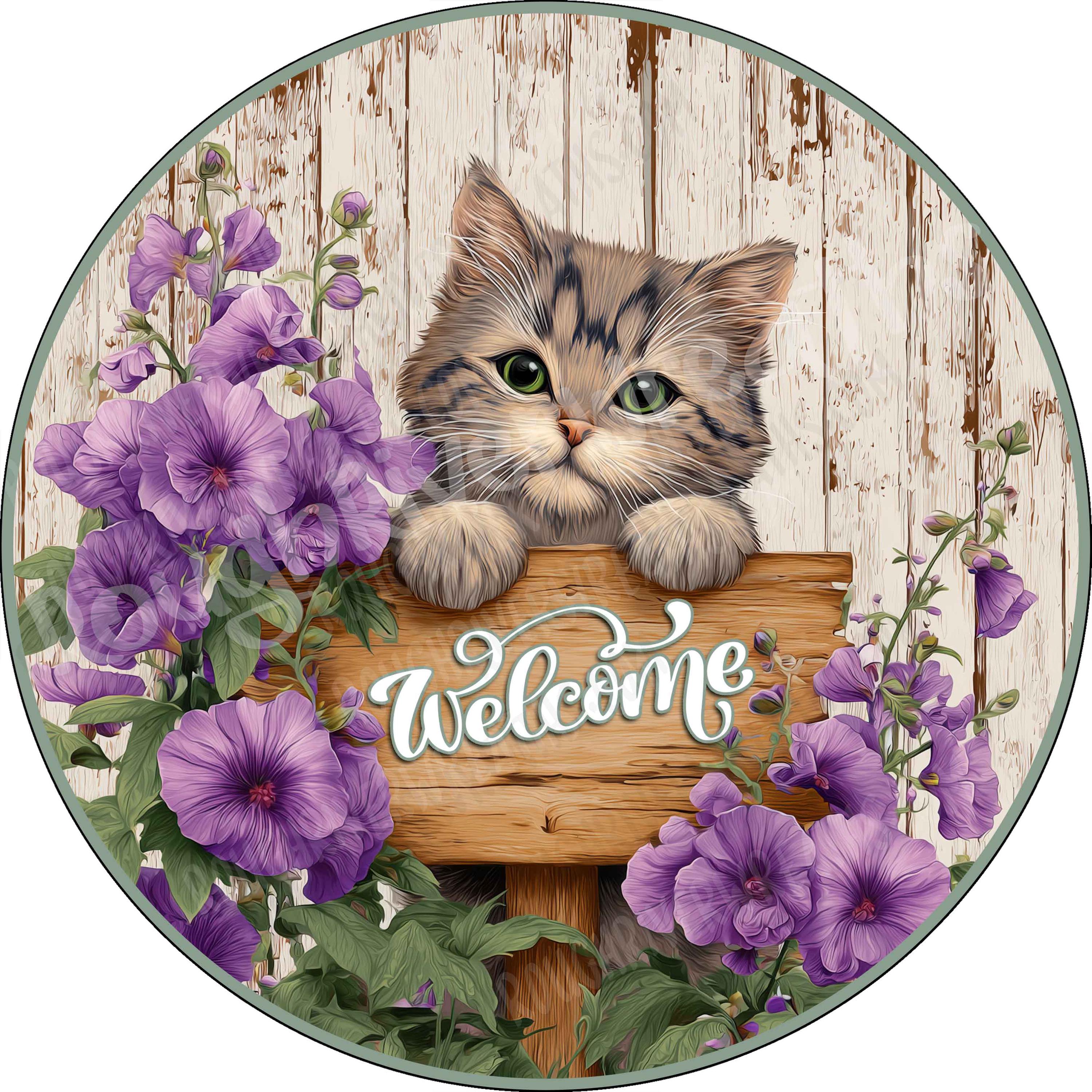 Cute Cat Holding a Welcome Sign Aluminum Wreath Sign, Whimsical, Wreath ...
