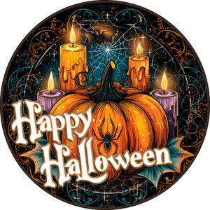 Corona de calabaza naranja con velas, letrero de otoño, letrero de calabaza, letrero de aluminio para hacer coronas, letrero de Halloween